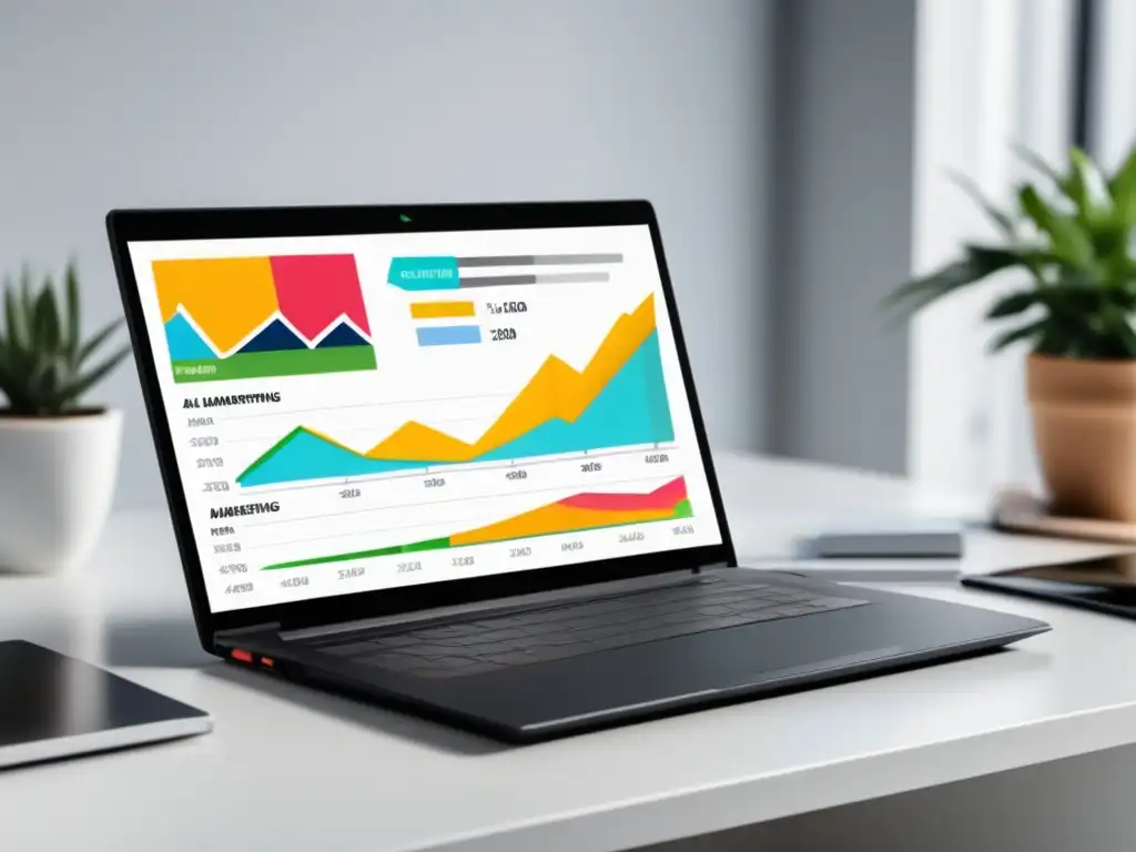 Laptop y gráfico de marketing de afiliados Laptop moderno en escritorio blanco con gráfica de crecimiento de marketing de afiliados y estrategias de contenido