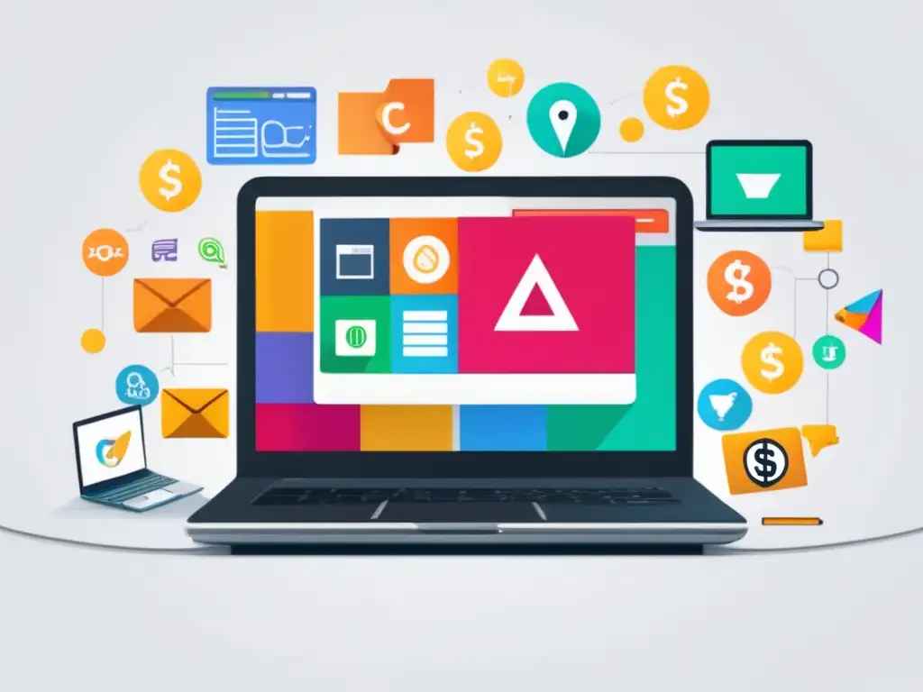 Laptop de marketing de afiliados vibrante y moderno Estrategia de marketing de afiliados con una laptop moderna y vibrante pantalla mostrando íconos y símbolos