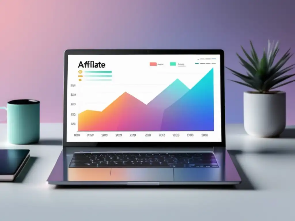 Laptop de diseño moderno con gráfico de ingresos de marketing de afiliados Laptop moderno con pantalla vibrante mostrando gráfico de ingresos en marketing de afiliados y accesorios en escritorio blanco