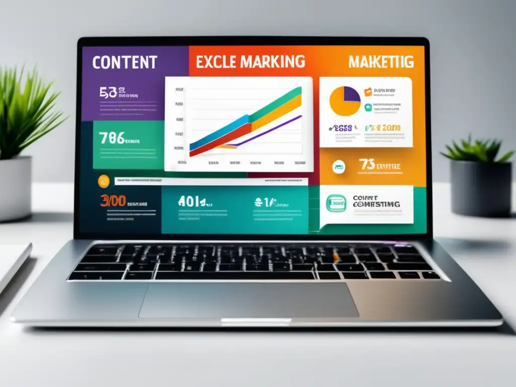 Laptop minimalista con infografía en pantalla Laptop minimalista en escritorio blanco, infografía vibrante de estrategias de marketing de afiliados