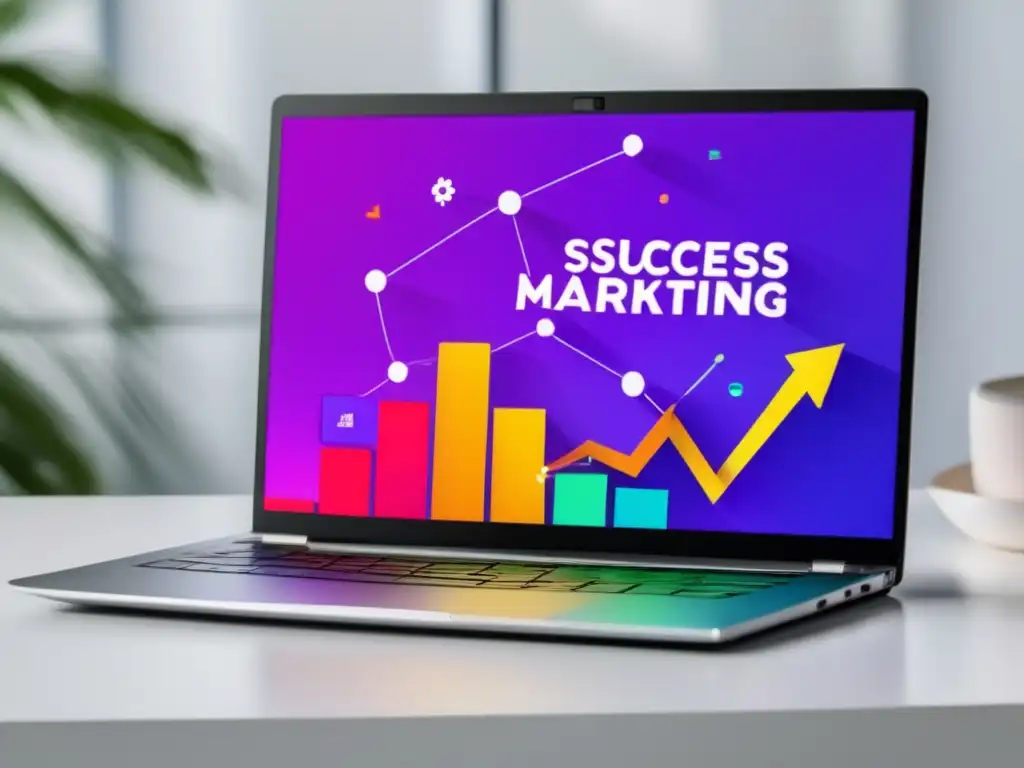 Laptop moderno con diseño minimalista muestra gráfica de éxito en estrategias de marketing de afiliados