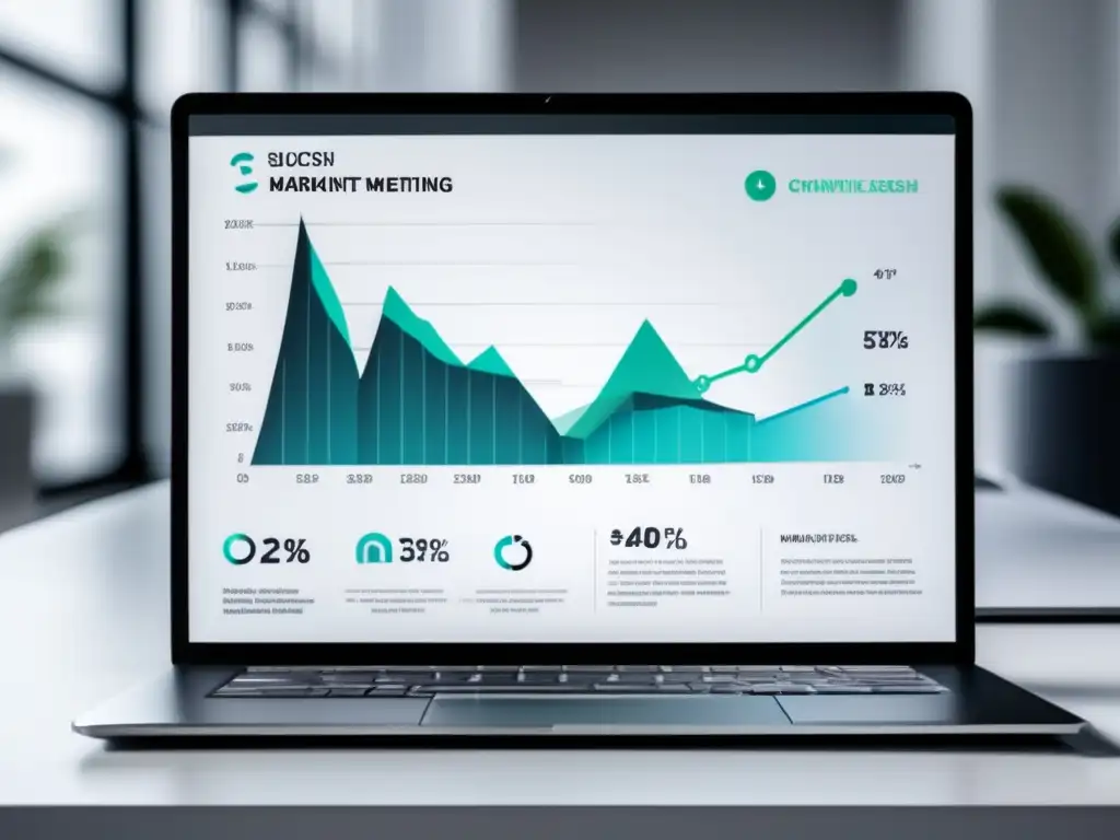 Éxito en el marketing de afiliados Laptop moderno en un escritorio blanco, muestra gráfica de éxito en estrategias de marketing de afiliados