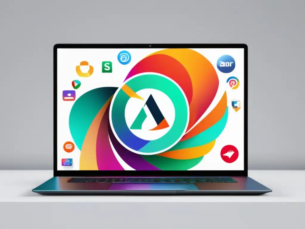 Laptop con logos de programas de afiliados Laptop minimalista con pantalla vibrante y logotipos de programas de afiliados en fondo blanco