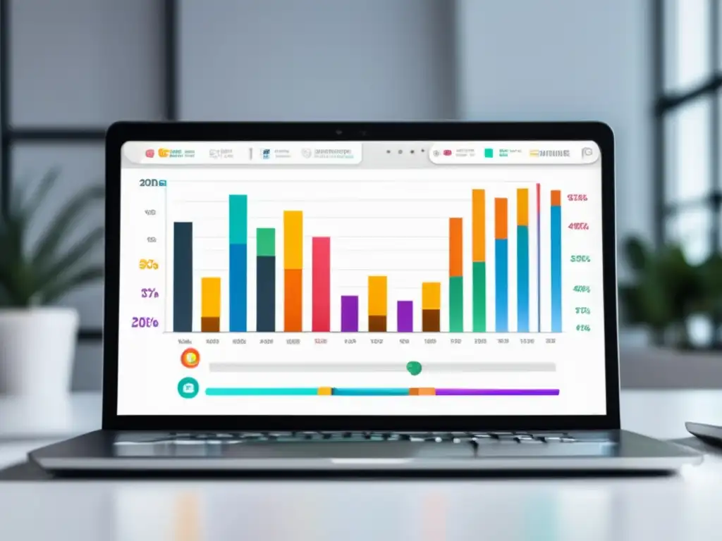 Laptop moderno en escritorio blanco con gráfico de ingresos de estrategias avanzadas de marketing de afiliados
