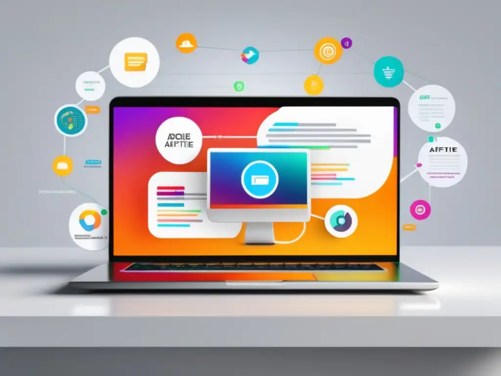 Laptop moderno y vibrante con visualización de marketing de afiliados Laptop moderno en escritorio blanco, representa visualmente el marketing de afiliados con nodos y líneas interconectados