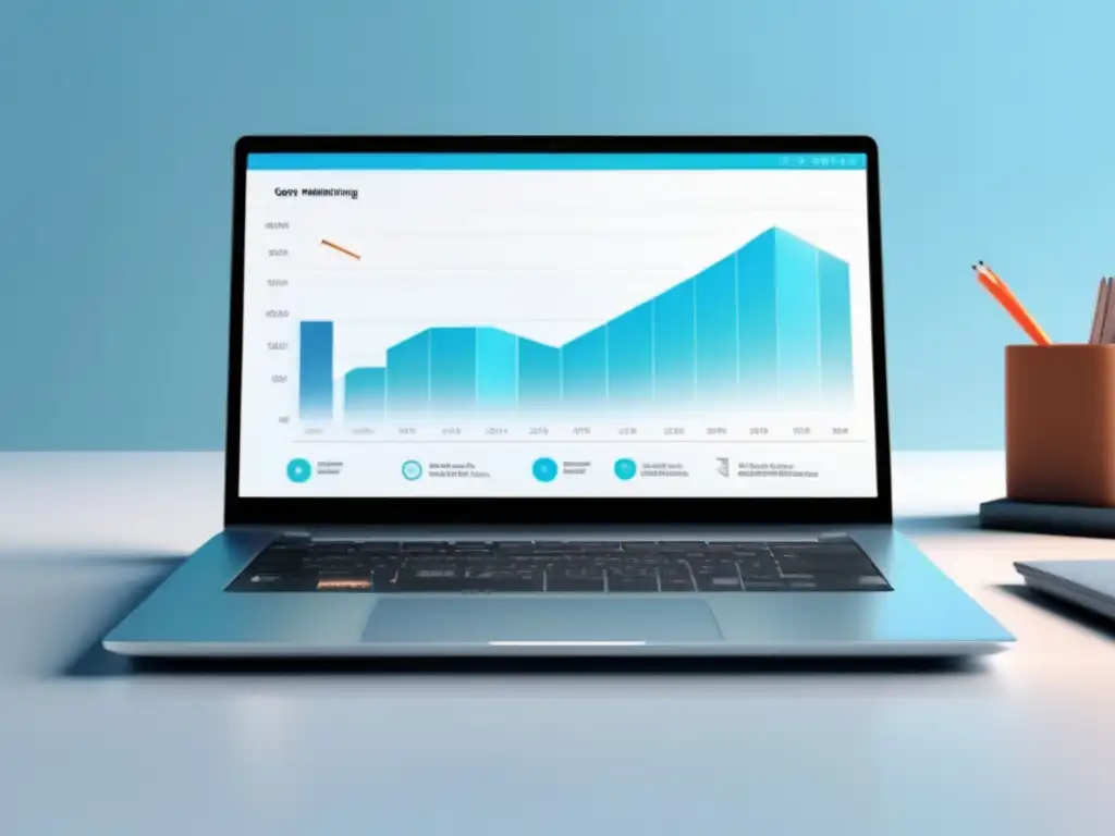 Laptop eficiente y moderno con gráfico de ganancias Laptop minimalista con pantalla vibrante y gráfica de tendencia ascendente, estrategias para maximizar ganancias en el marketing de afiliados