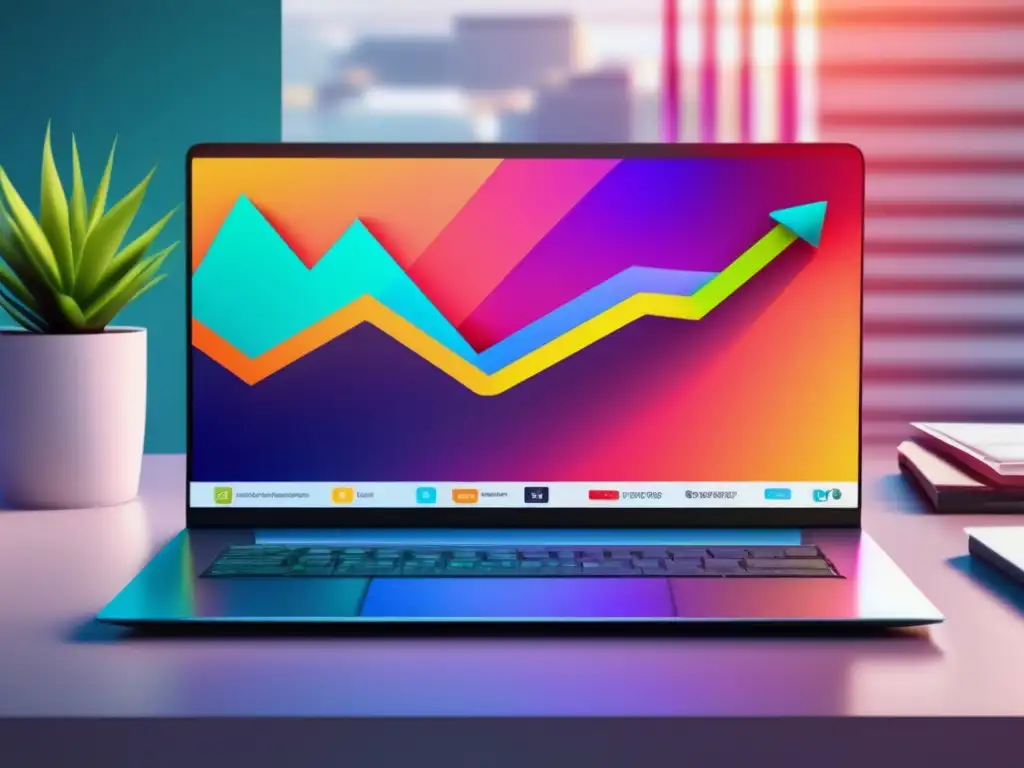 Laptop moderno con gráfica de crecimiento Laptop moderno en escritorio minimalista con gráfico de ingresos de marketing afiliado en pantalla, tácticas para aumentar ganancias
