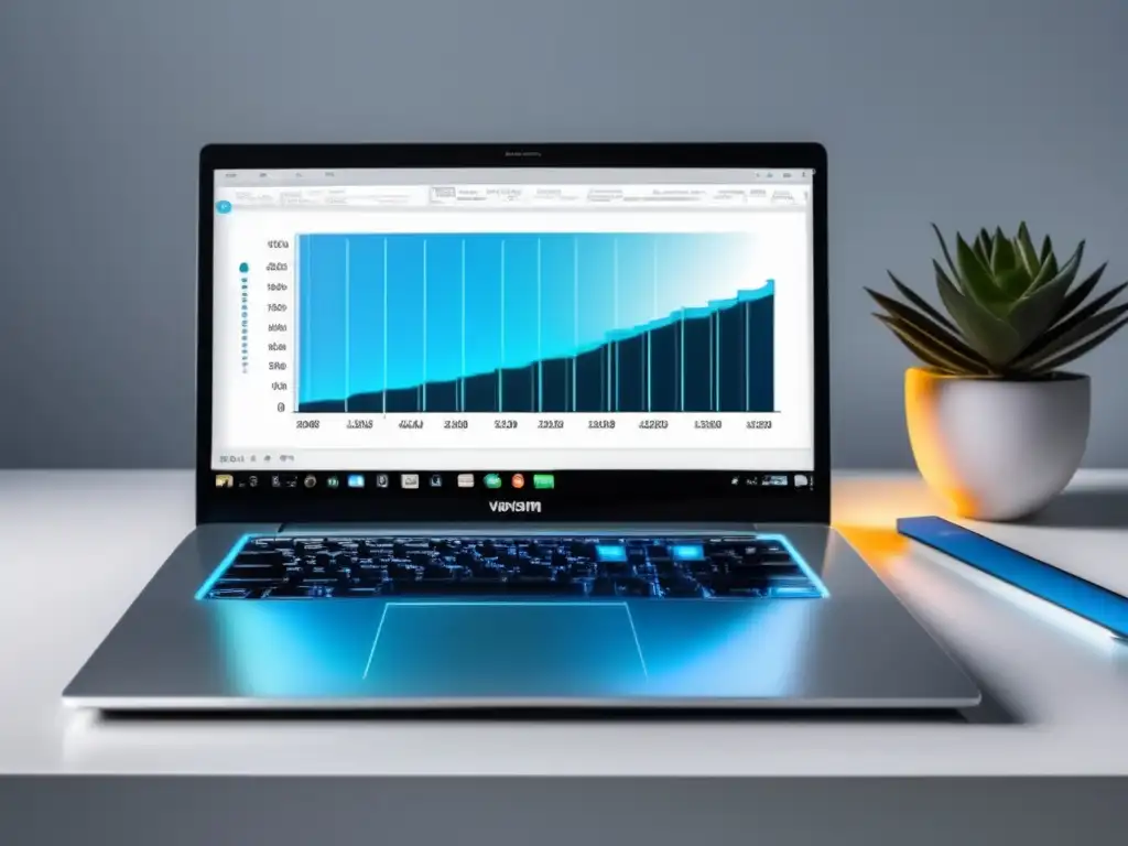 Laptop moderno en escritorio blanco Laptop elegante en escritorio minimalista, simbolizando ingresos en marketing de afiliados