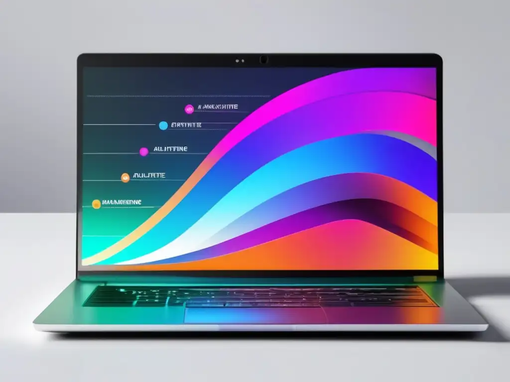 Laptop moderno con gráfica de crecimiento en marketing de afiliados Laptop en ángulo en escritorio blanco muestra gráfico vibrante de crecimiento en marketing de afiliados con estrategias efectivas