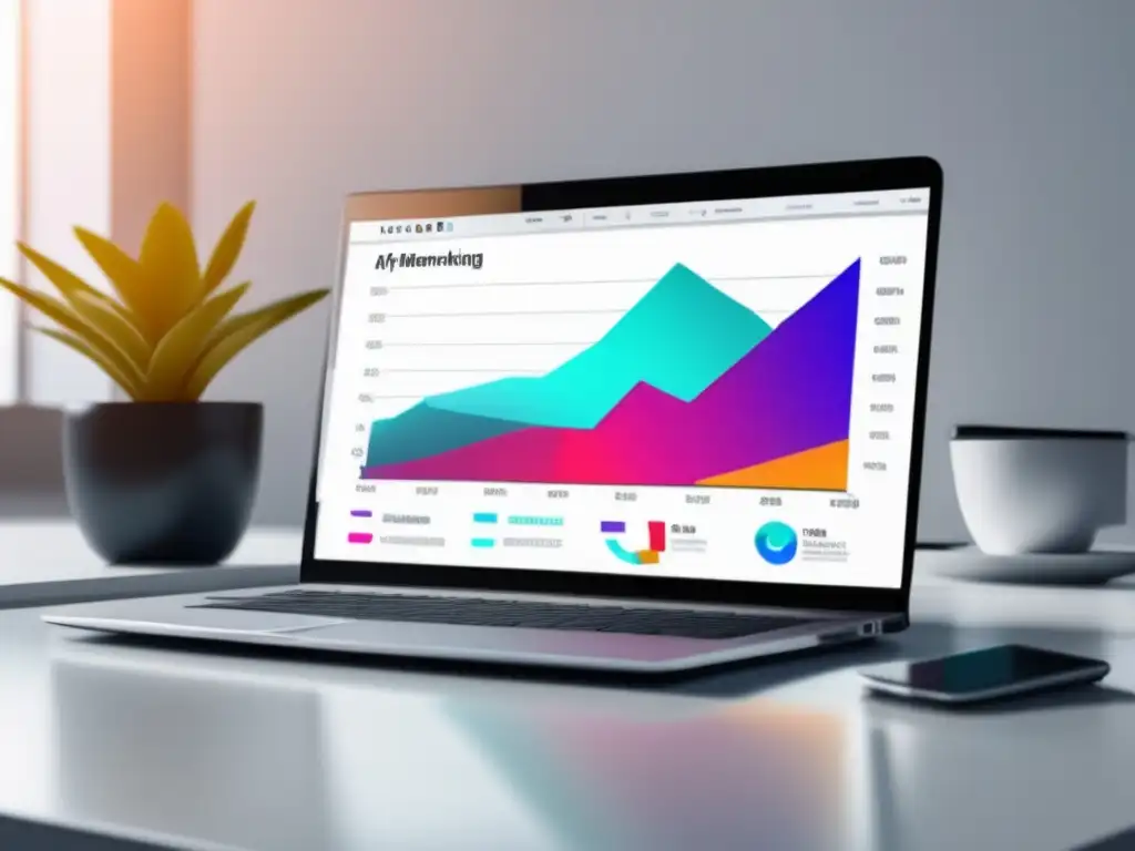 Laptop moderno en escritorio blanco con gráfico de ganancias Laptop moderno en escritorio blanco, gráfico vibrante de tácticas de marketing de afiliados para aumentar ingresos