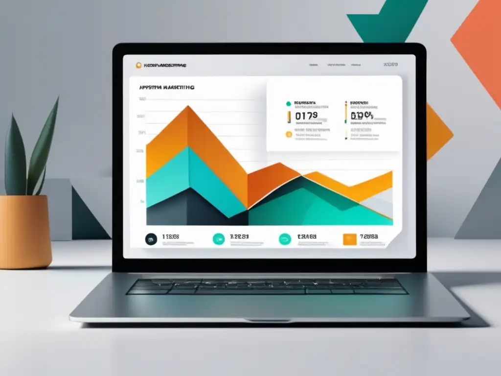 Laptop minimalista en escritorio blanco Laptop minimalista en escritorio blanco, con dashboard de marketing de afiliados y estética profesional