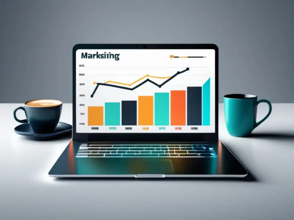 Crecimiento vibrante en marketing de afiliados Laptop moderno en un escritorio blanco, con gráfico de tendencia ascendente en marketing de afiliados