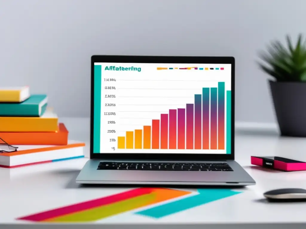 Laptop de marketing de afiliados con gráfico vibrante Laptop minimalista en escritorio blanco: tácticas de marketing de afiliados para aumentar ingresos