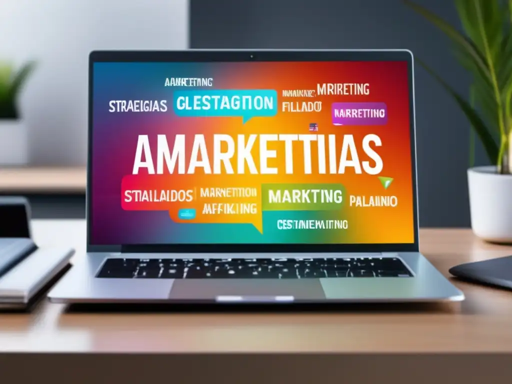 Laptop moderno con estrategias de marketing de afiliados Laptop de marketing de afiliados: estrategias vibrantes, diseño profesional y minimalista
