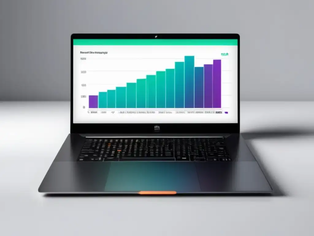 Laptop minimalista con gráfico de éxito en marketing de afiliados Laptop minimalista en escritorio blanco, con gráfico de tendencia ascendente: estrategias exitosas de marketing de afiliados