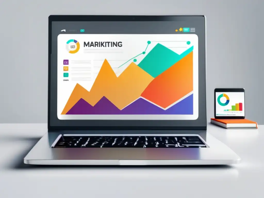 Laptop minimalista en escritorio blanco con gráfico de éxito en marketing de afiliados y símbolos relacionados