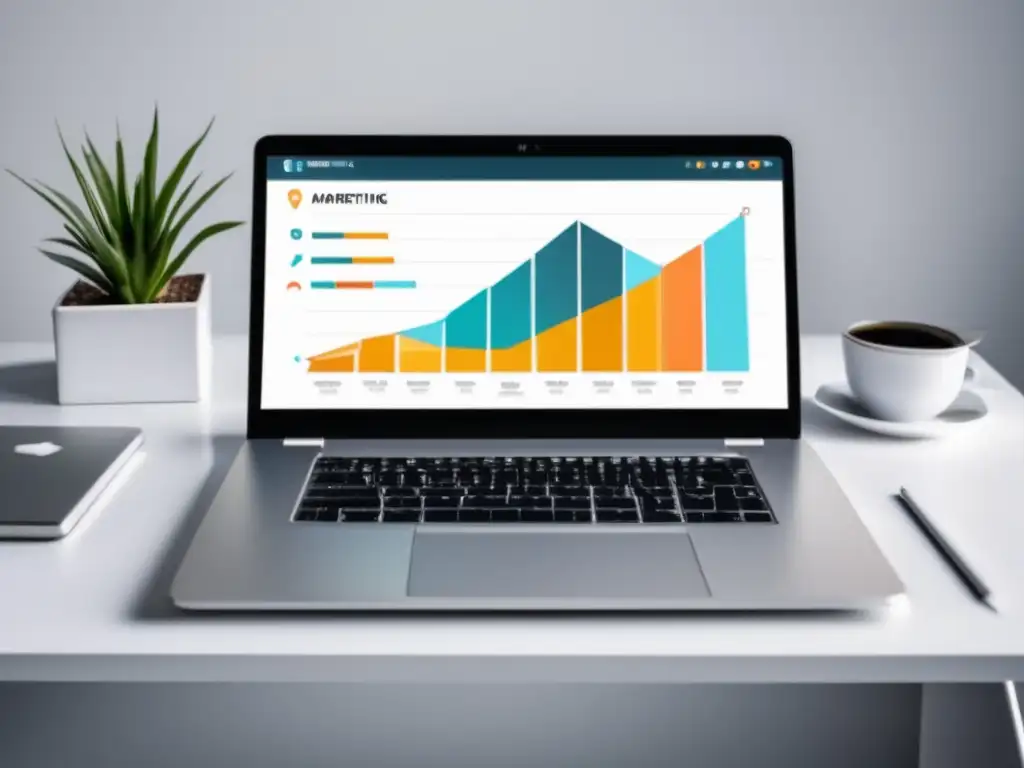 Laptop y gráfica de ingresos por marketing de afiliados Estrategias para aumentar ganancias en marketing de afiliados con laptop moderno y minimalista