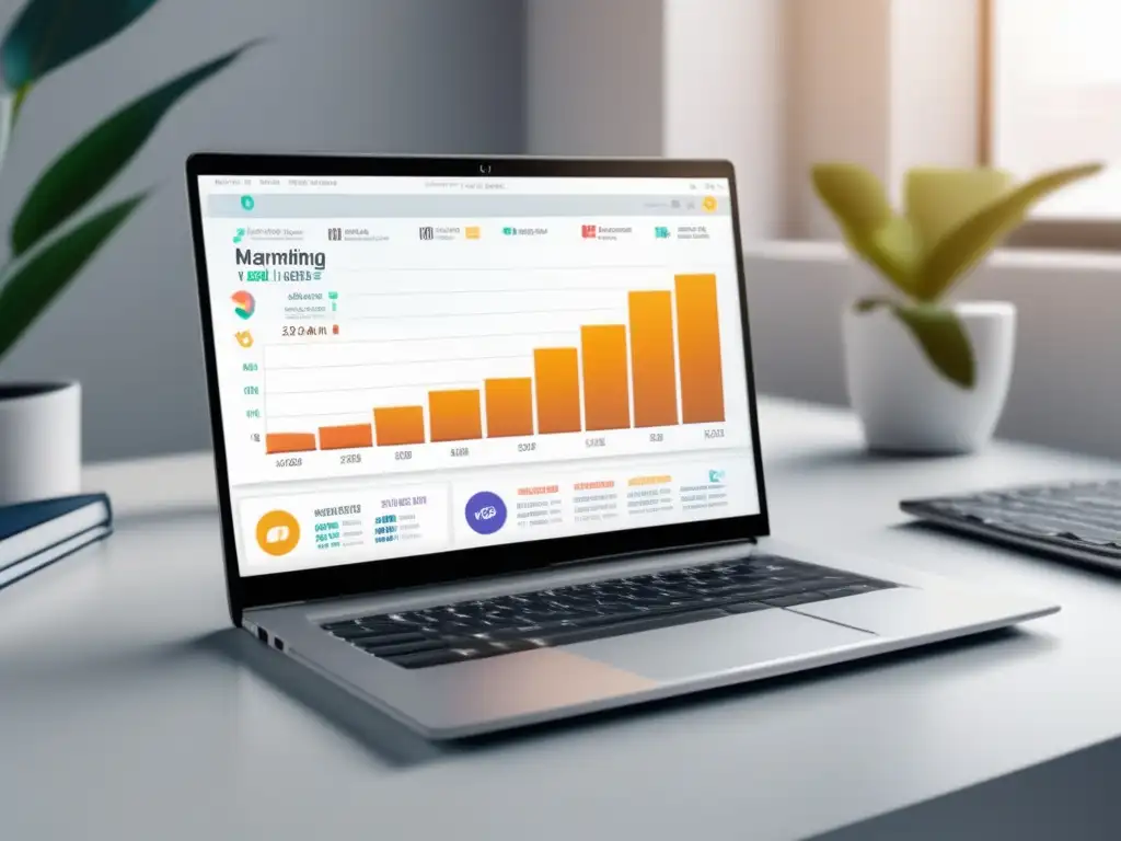 Laptop de diseño moderno con gráfica de ganancias en marketing de afiliados Laptop moderno en escritorio blanco con gráfico de ganancias de marketing de afiliados rodeado de iconos y palabras clave