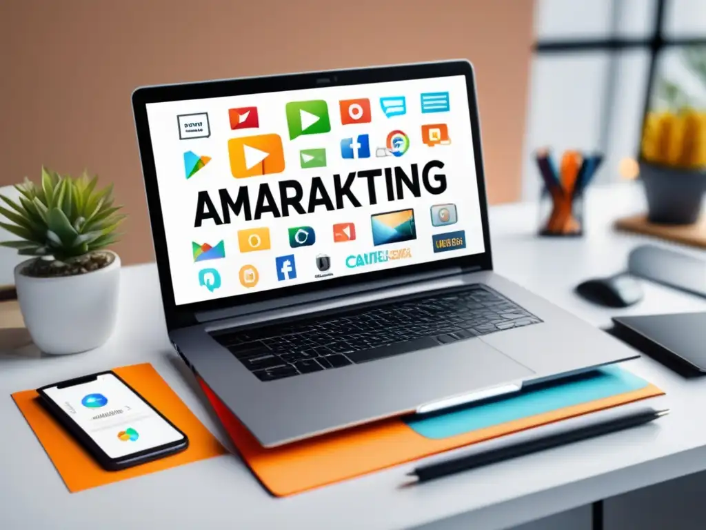 Laptop moderno con pantalla vibrante y gráficos de marketing de afiliados Laptop minimalista con pantalla vibrante y recursos de formación online en marketing de afiliados