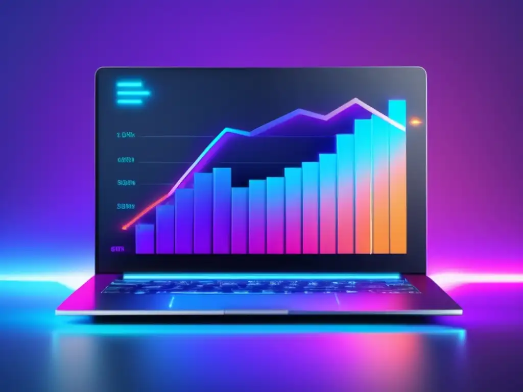 Laptop moderno y eficiente con gráfica de ganancias Laptop minimalista con gráfico de ganancias en marketing de afiliados, recursos efectivos