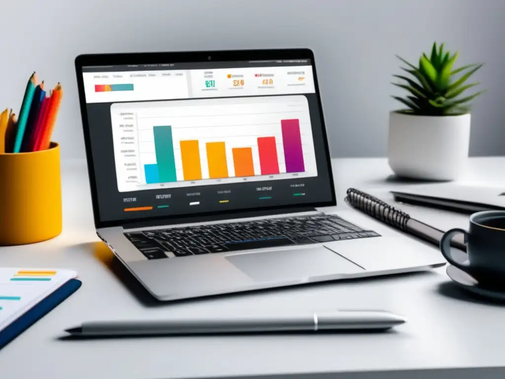 Escritorio minimalista con laptop y dashboard de marketing de afiliados Imagen: Mesa blanca con laptop y gráficos de campañas de redes de afiliados más efectivas