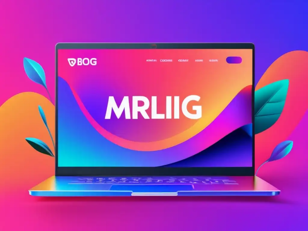 Laptop minimalista con interfaz de marketing de afiliados Laptop minimalista con fondo moderno y vibrante, interfaz web de marketing de afiliados con productos llamativos y botones de acción