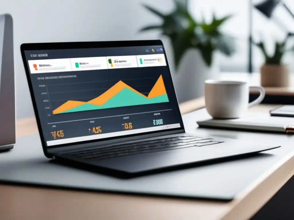 Laptop en escritorio minimalista con gráficos de ganancias y técnicas avanzadas de marketing de afiliados