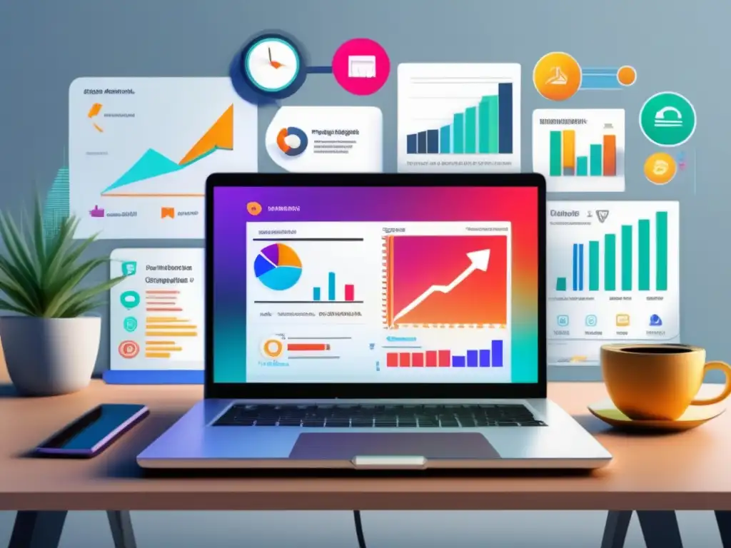 Laptop y gráfica de ingresos por marketing de afiliados Laptop moderno en escritorio minimalista con gráfico de ingresos de 6 cifras y programas de afiliados