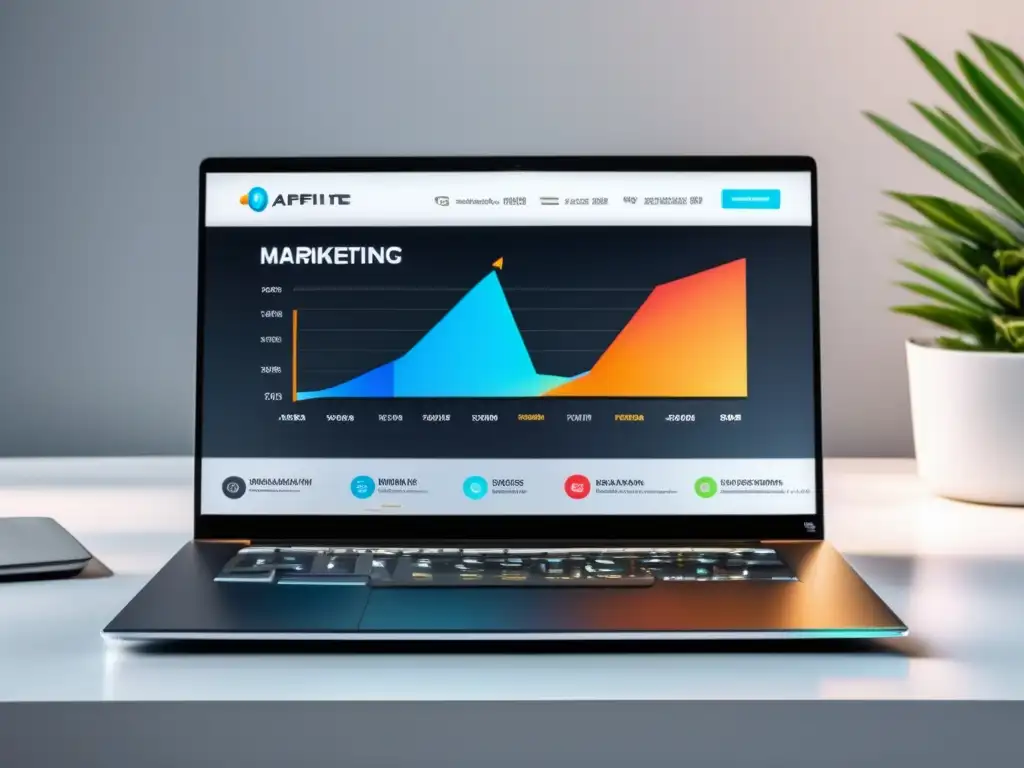 Laptop moderno con dashboard de marketing de afiliados Laptop moderno en escritorio blanco, con gráficos dinámicos que muestran el éxito de programas de afiliados más efectivos