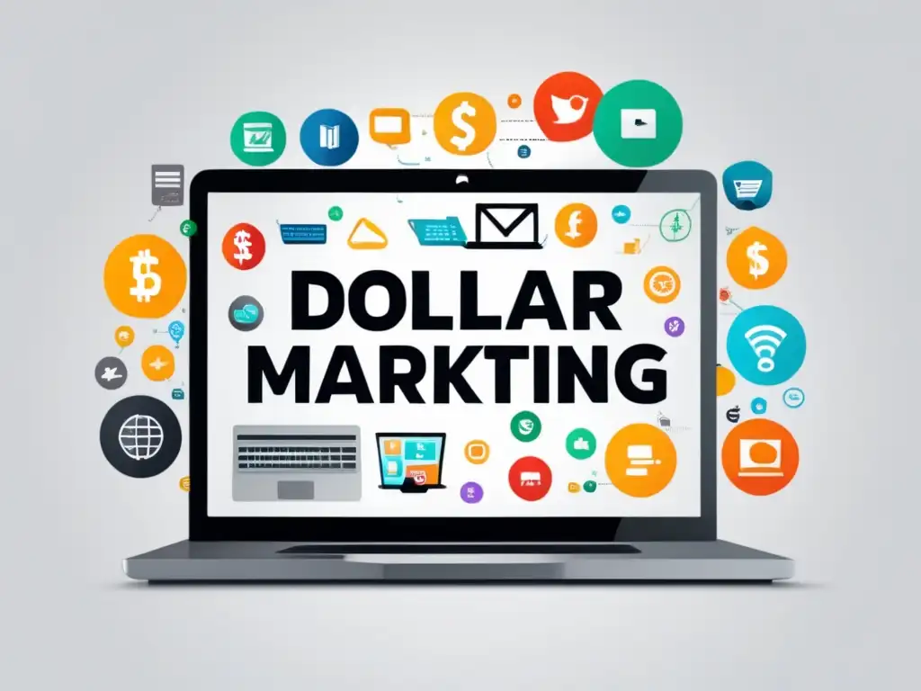 Laptop de diseño moderno con gráficos llamativos de marketing de afiliados Laptop moderno con diseño metálico en un escritorio blanco, mostrando gráficos llamativos de marketing de afiliados