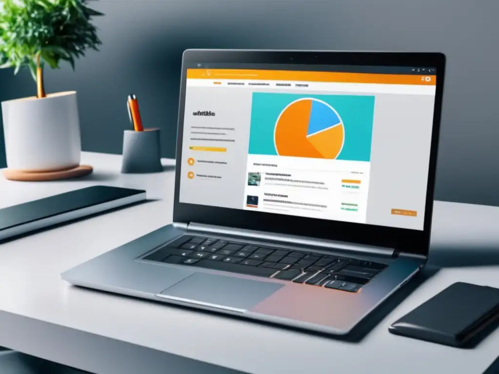 Laptop y escritorio minimalista para marketing de afiliados Laptop moderno en escritorio minimalista con web de marketing de afiliados y pasos clave para el éxito