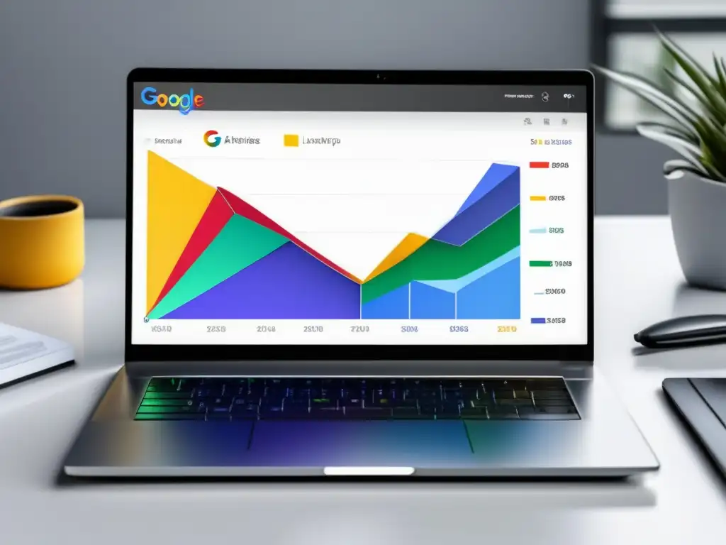 Laptop moderno en escritorio blanco con gráfico de análisis competitivo Laptop SEO: técnicas para mejorar posicionamiento y ganancias como afiliado en Google