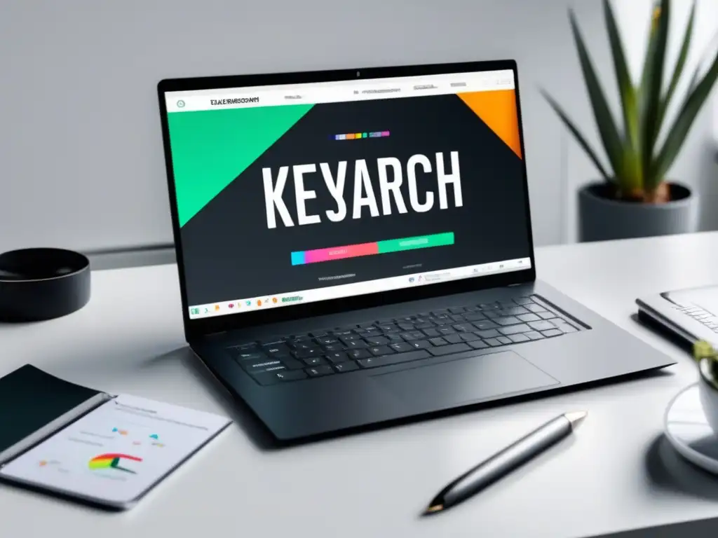 Laptop moderno y sofisticado con herramienta de análisis de palabras clave Laptop moderno en escritorio blanco con herramientas de marketing de afiliados