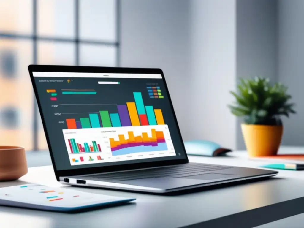 Laptop con gráficos y datos coloridos Herramientas de afiliados optimizando datos y gráficos en una laptop moderna