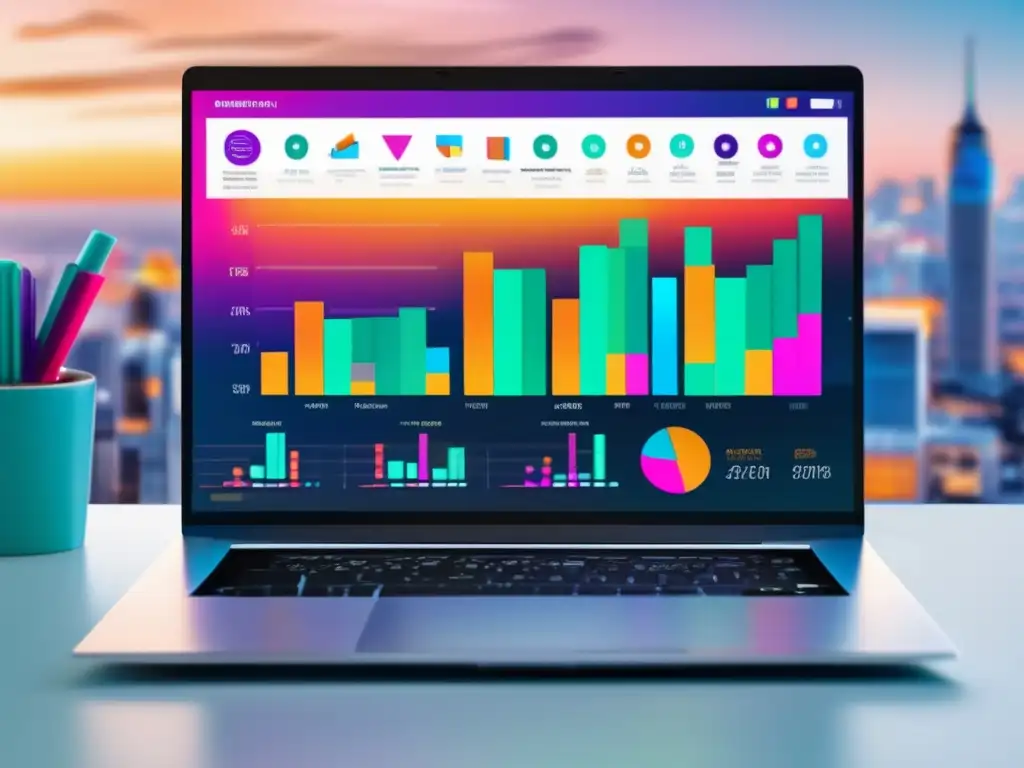 Laptop con gráficos de análisis Laptop con gráficos de análisis y datos para marketing de afiliados