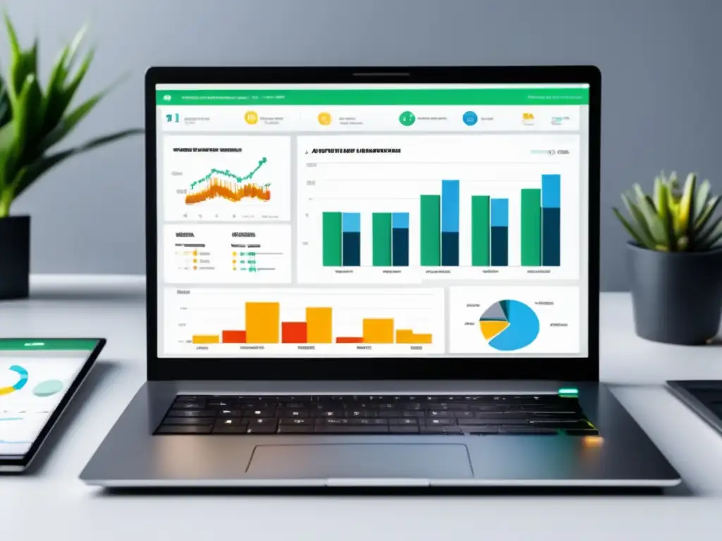 Laptop moderno con análisis de datos y marketing de afiliados Laptop moderno con gráficos de marketing de afiliados