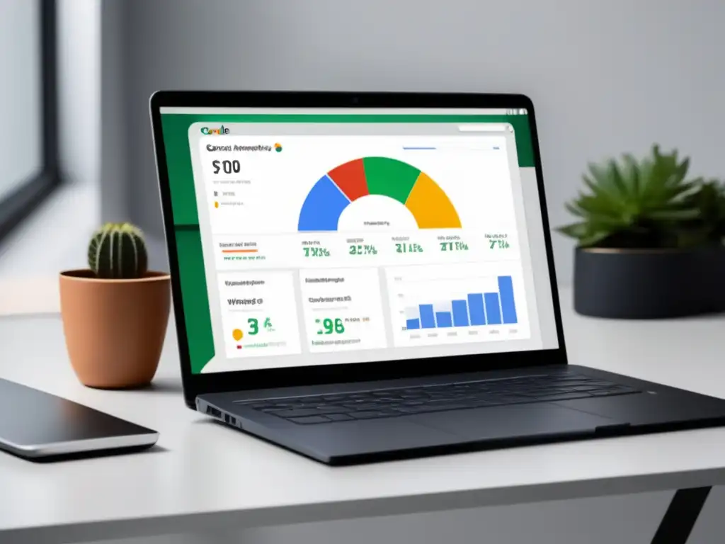 Laptop minimalista con Google Analytics Laptop moderno en escritorio limpio con dashboard Google Analytics