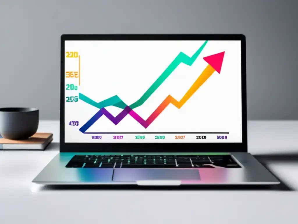 Laptop en escritorio con gráfico de crecimiento de Skimlinks Laptop moderno en escritorio blanco, gráfica colorida muestra ventajas y desventajas programa afiliados Skimlinks