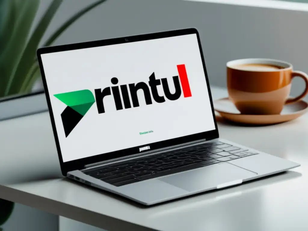 Imagen profesional del programa de afiliados de Printful Laptop blanco con logo Printful, estaciónery y taza - éxito programa afiliados Printful