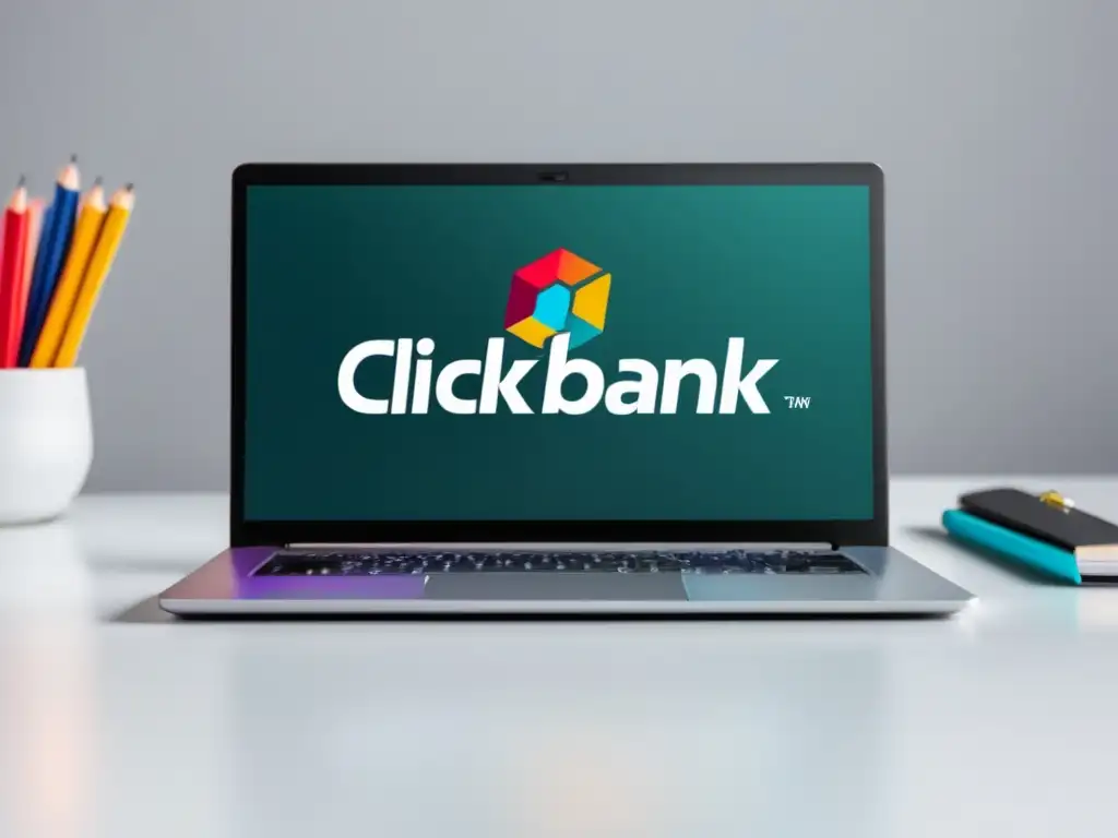 Laptop ClickBank: Innovación y simplicidad Laptop en escritorio blanco con logo vibrante de ClickBank y elementos de estaciónery