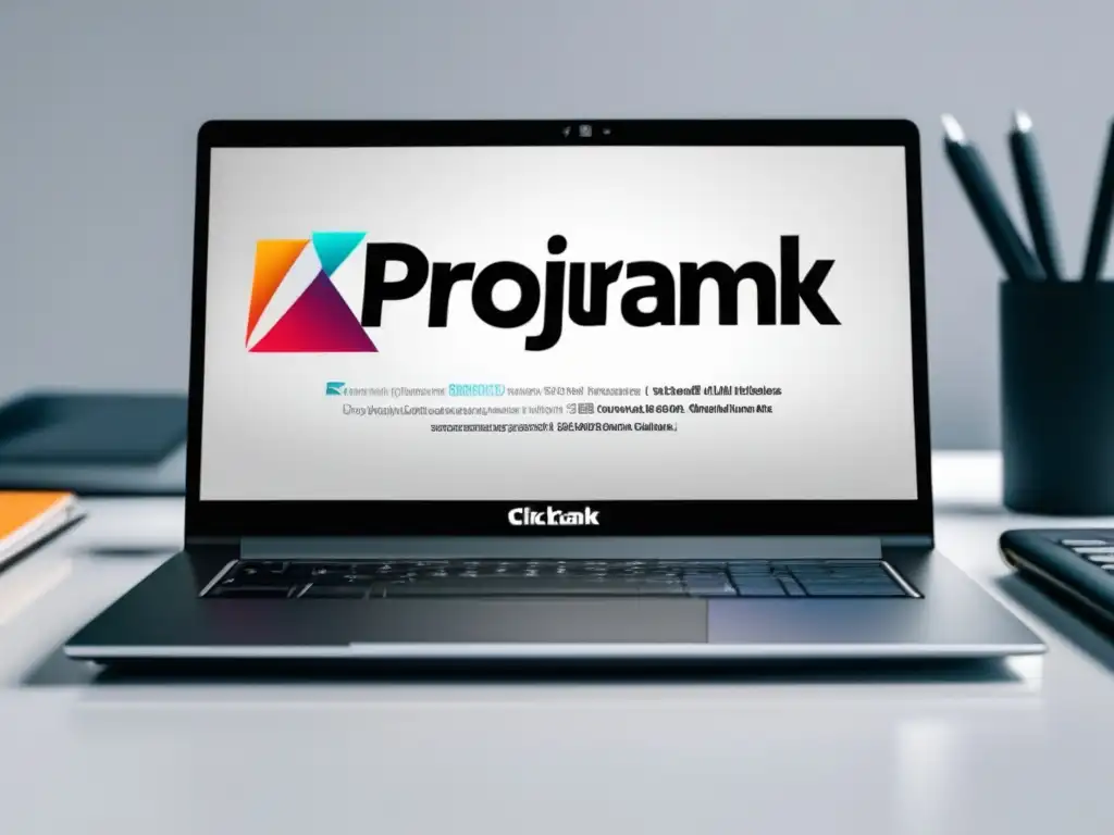 Laptop moderno con logo de ClickBank en pantalla Laptop ClickBank programa de afiliados, moderno y profesional