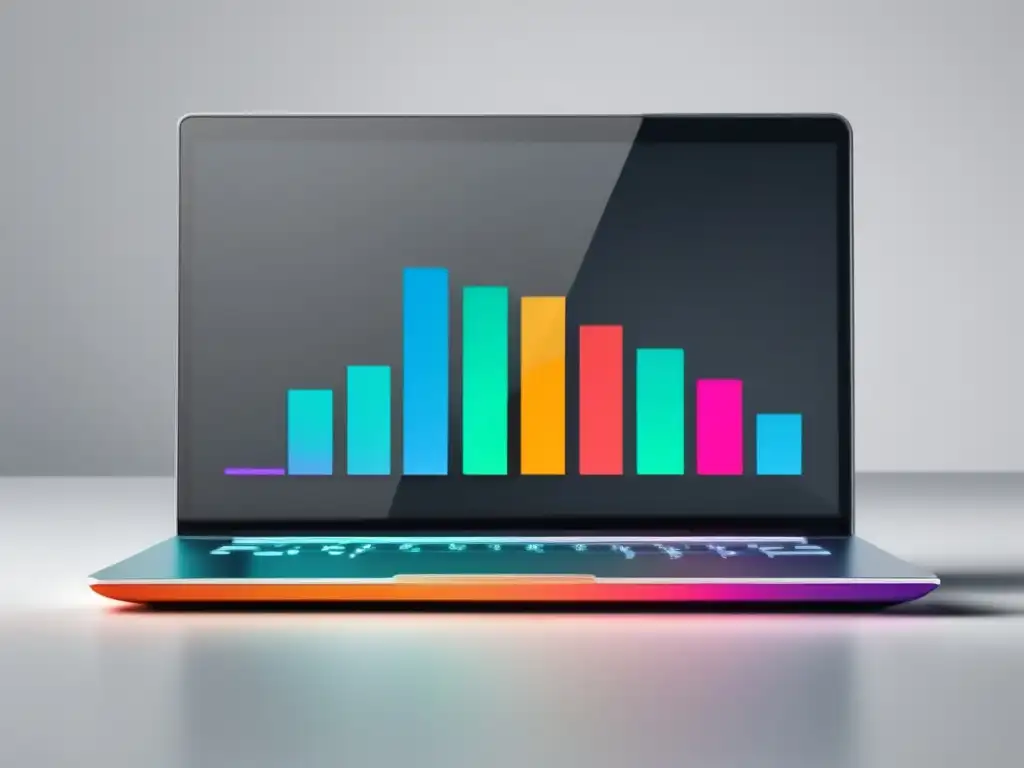 Laptop moderno con gráfica de crecimiento Laptop moderno muestra gráfico de conversión con estrategias de SEO (110 caracteres)