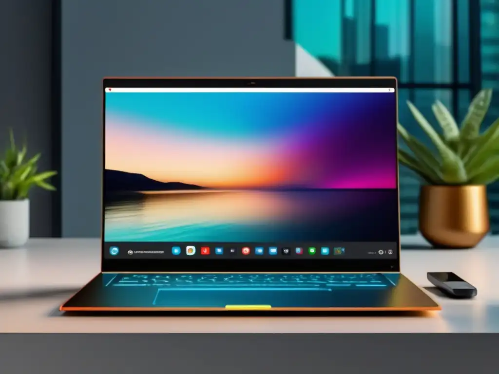 Laptop de diseño minimalista muestra interfaz de creación de contenido Laptop moderno con interfaz de creación de contenido atractivo y herramientas intuitivas