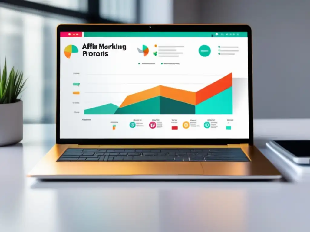 Laptop minimalista en escritorio blanco con gráfico representando éxito en marketing de afiliados y recursos efectivos
