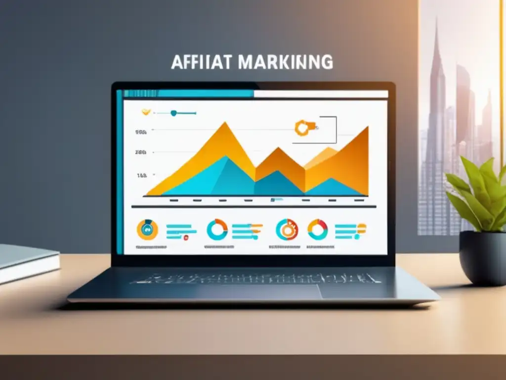 Laptop moderno con gráfica de ingresos en marketing de afiliados Laptop 8k: estrategias maximizar ingresos marketing afiliados