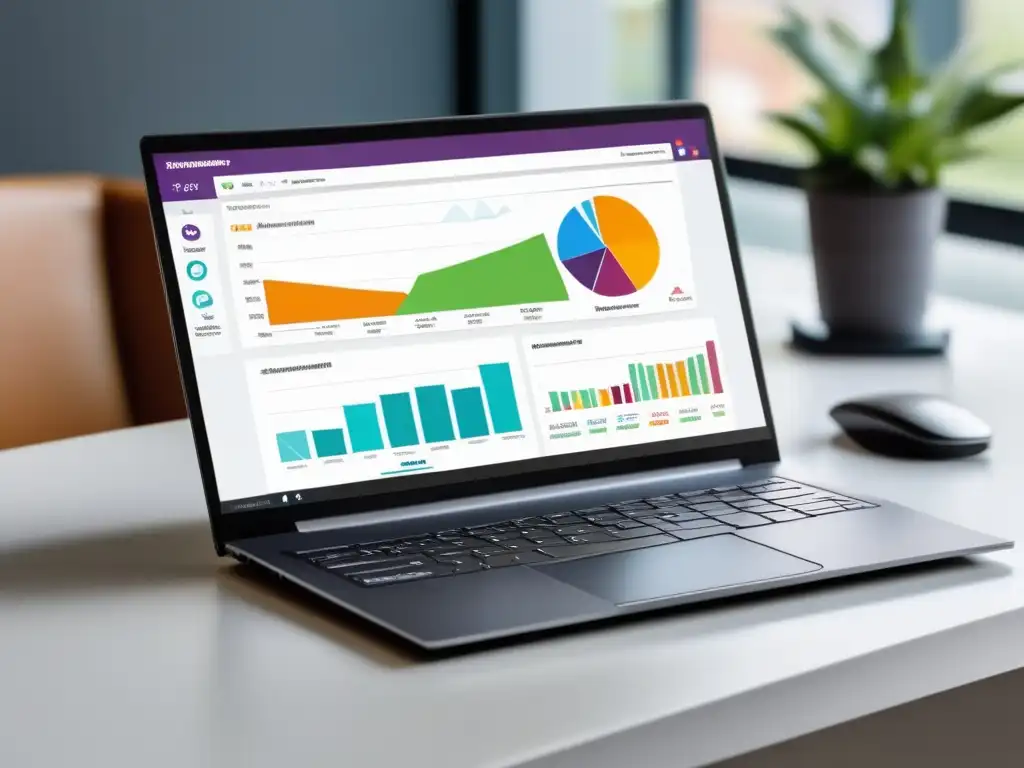 Laptop moderno con dashboard de marketing de contenido Laptop moderno con dashboard de marketing de afiliados y optimización de conversiones