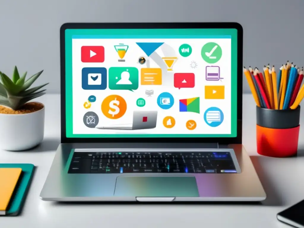 Laptop moderno y minimalista con iconos de marketing de afiliados Laptop moderno con diseño elegante y pantalla vibrante mostrando iconos de marketing de afiliados