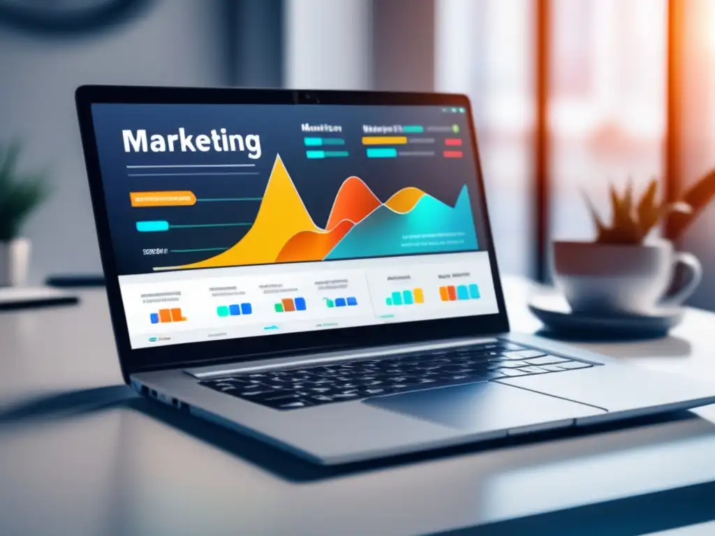 Estrategias de marketing de afiliados y análisis Laptop moderno con pantalla vibrante de alta resolución y estrategias exitosas de marketing de afiliados