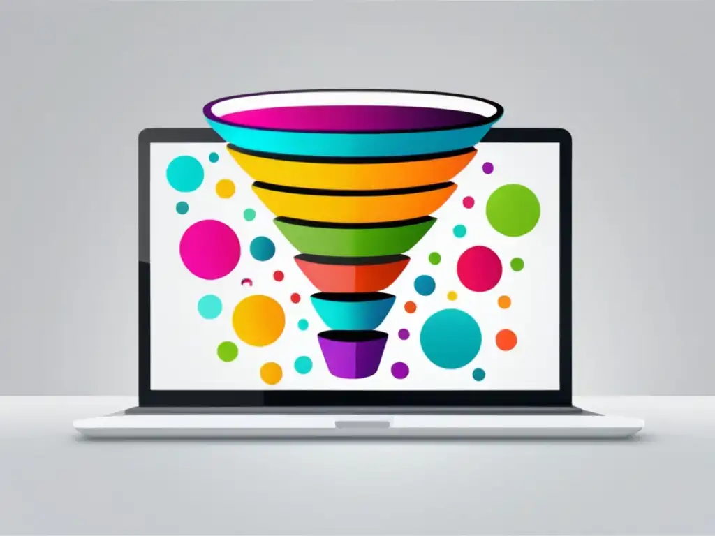 Laptop con embudo de ventas colorido y eficaz Laptop blanco con pantalla de alta resolución muestra un atractivo embudo de ventas para estrategias efectivas de marketing de afiliados