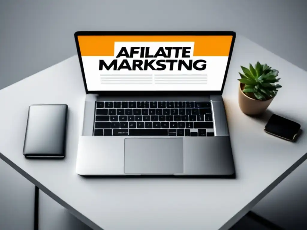 Escritorio minimalista con laptop y website de marketing de afiliados Estrategias de afiliados: Gana dinero en línea con marketing de afiliados